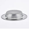 A silver stainless steel sink drain strainer with a perforated mesh and a matching plate.