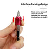 A hand holds a metallic socket extension bar with a red locking mechanism, demonstrating the interface locking design.