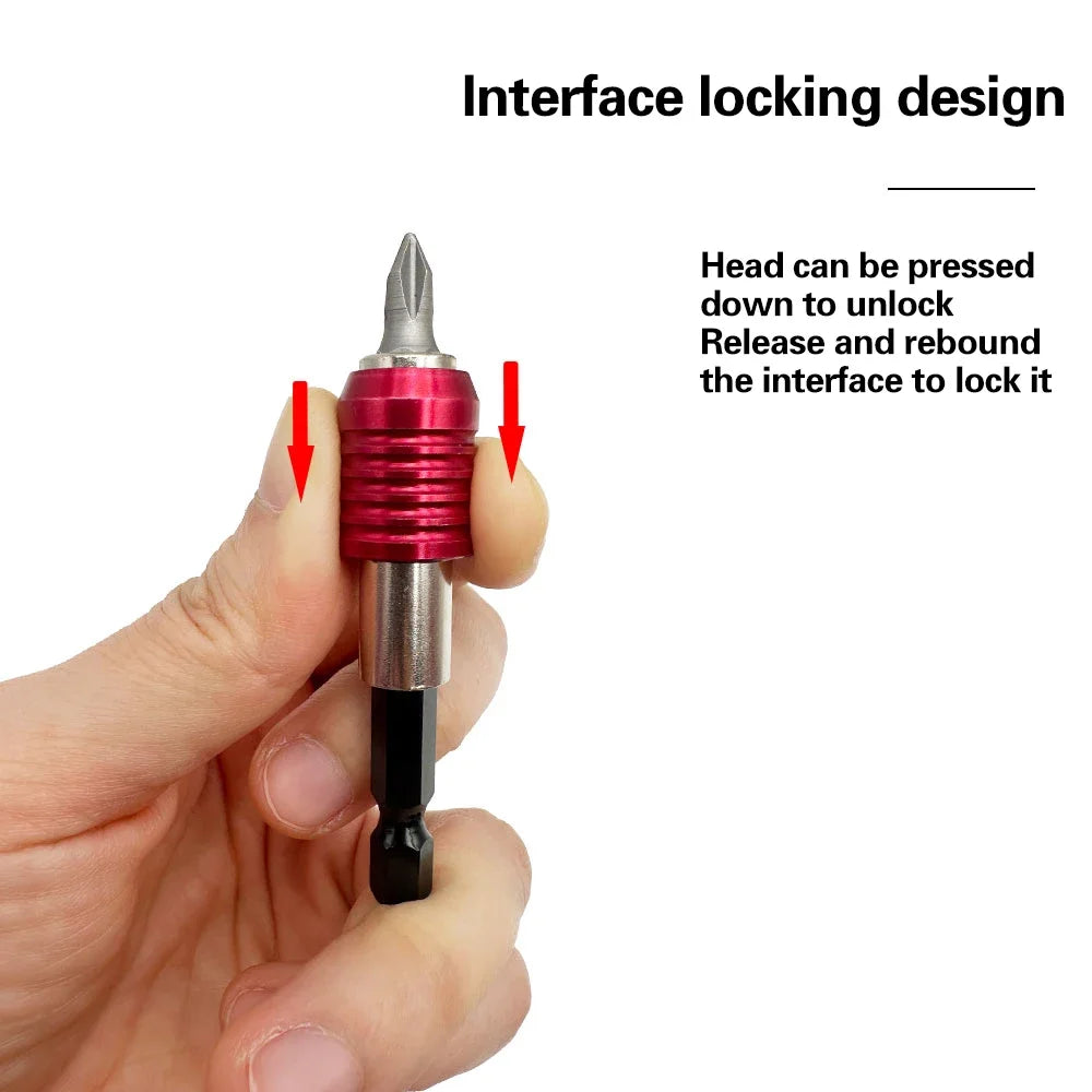 A hand holds a metallic socket extension bar with a red locking mechanism, demonstrating the interface locking design.