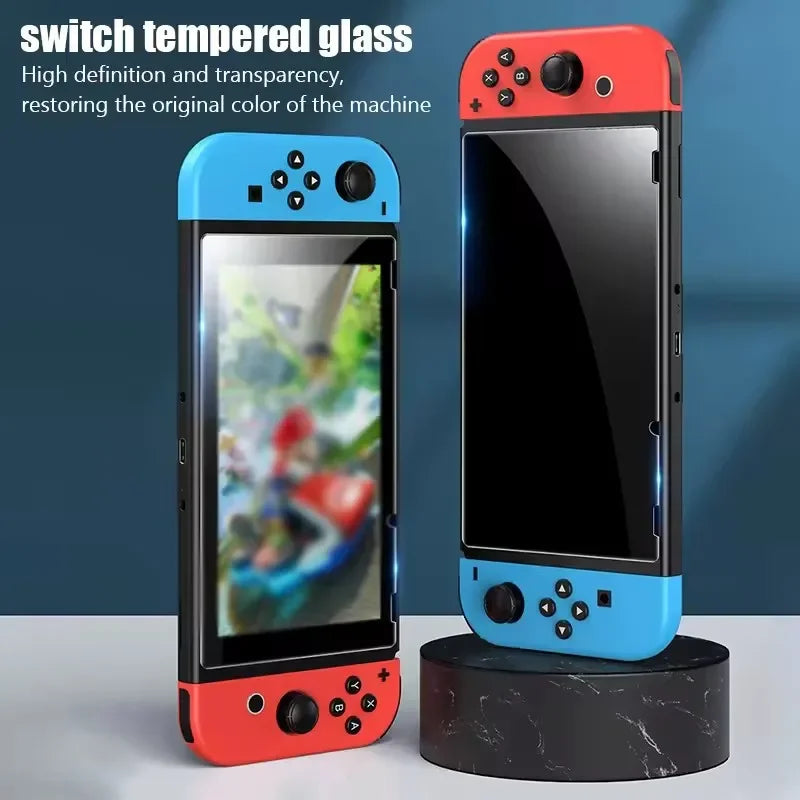 A red and blue Nintendo Switch console with a clear screen protector displayed on it.