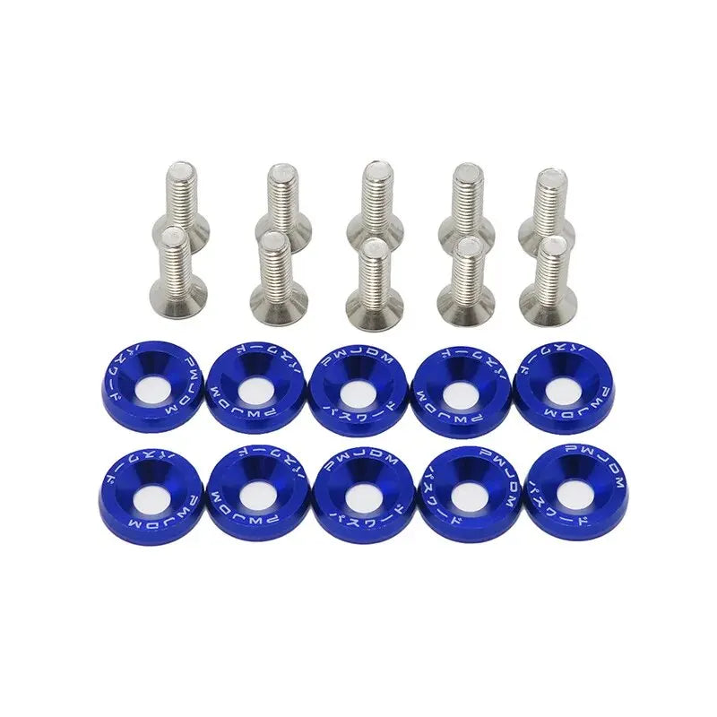 A set of ten M6 Fender washer bolts made of aluminum alloy.