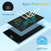A black LCD writing tablet is shown with a clear protective layer, demonstrating eye protection and a lock screen feature.