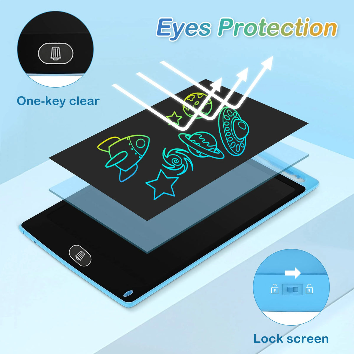 A black LCD writing tablet is shown with a clear protective layer, demonstrating eye protection and a lock screen feature.