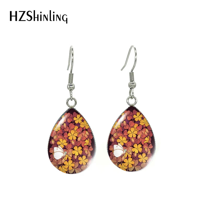 Aretes de Aro en Forma de Lágrima con Arte de Abeja y Flores