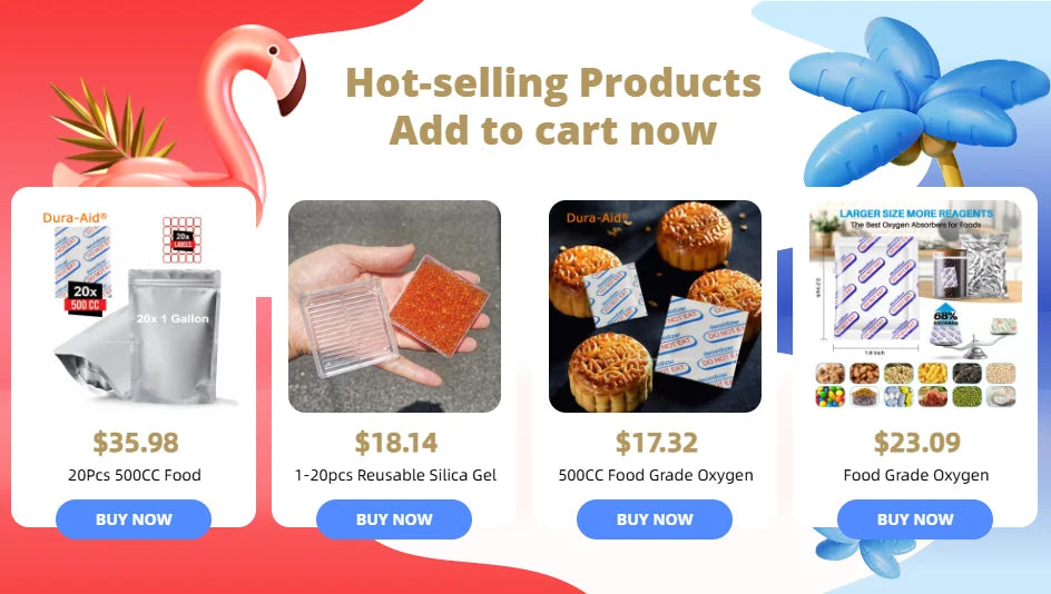 A collection of food grade oxygen absorbers including silica gel and various types for dry food storage.