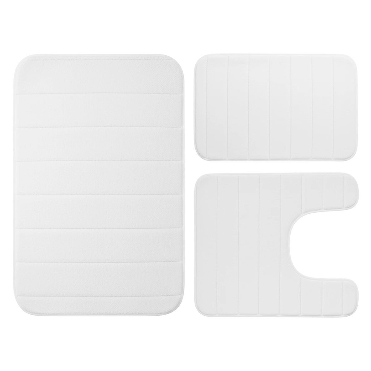 A set of four white plush memory foam bath mats with non-slip backing