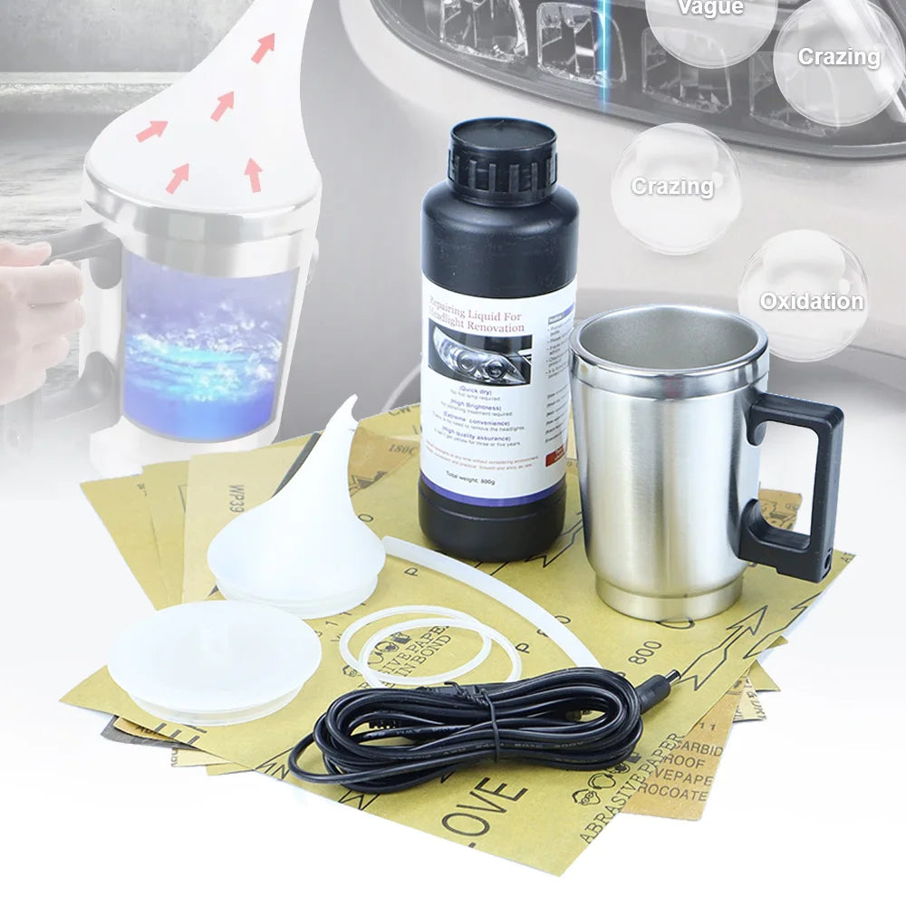 A kit for headlight restoration showing a liquid, a vaporizer, and a metal mug with various related components.