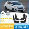 Set of four black mud guards for a Mitsubishi Mirage G4 2014-2024 vehicle.