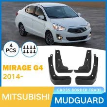 Set of four black mud guards for a Mitsubishi Mirage G4 2014-2024 vehicle.