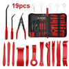 A set of 19 pieces of red and black auto trim removal tools and accessories in a storage bag.