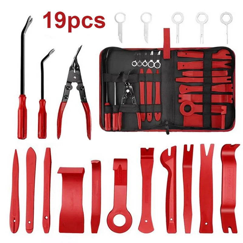 A set of 19 pieces of red and black auto trim removal tools and accessories in a storage bag.