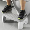 A pair of black and neon green FILA athletic shoes resting on a gray plastic toilet squat stool.