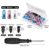 Emergency tire repair kit with rubber screw patches and screwdriver shown in various sizes.