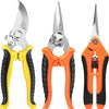 A set of three stainless steel garden scissors with ergonomic non-slip handles in yellow, orange, and black.