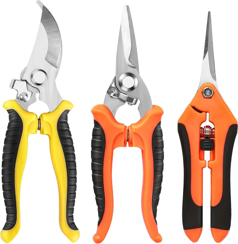 A set of three stainless steel garden scissors with ergonomic non-slip handles in yellow, orange, and black.