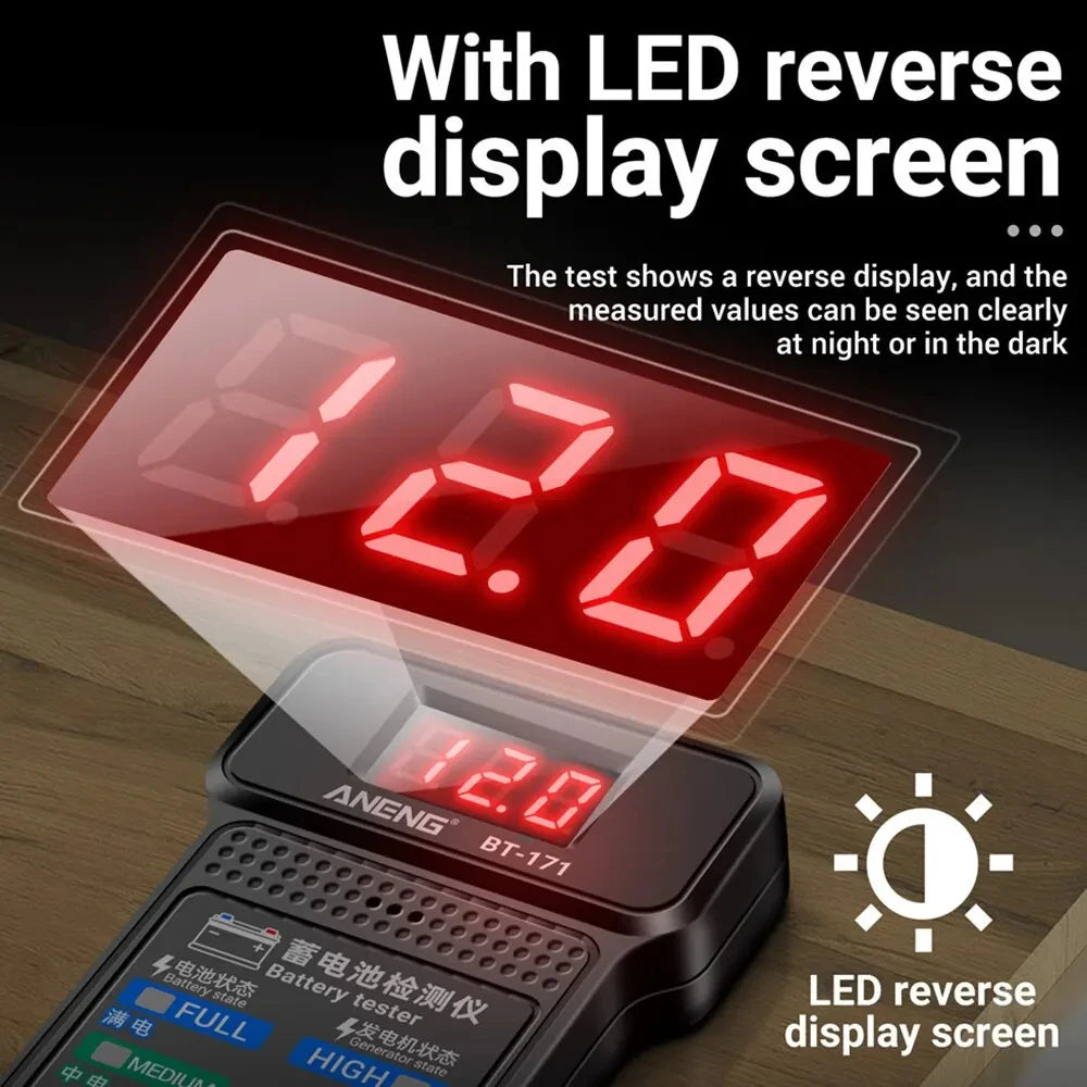 12V Car Battery Tester with LED Display and Reverse Connection Alarm