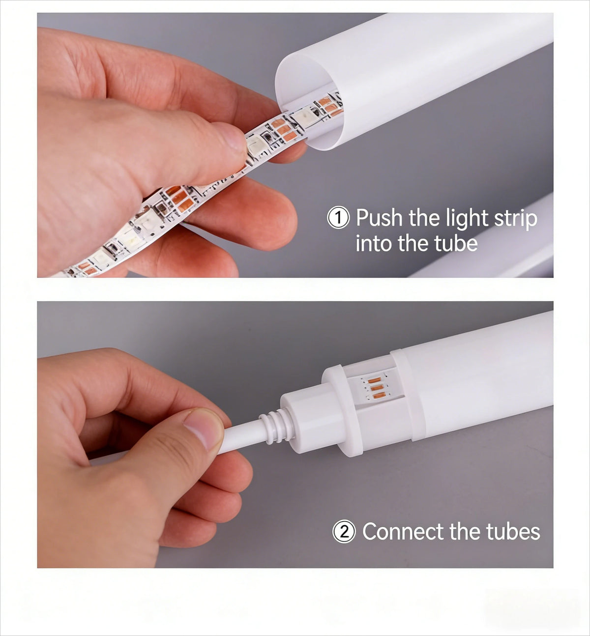 Instructions showing how to push a light strip into a tube and connect the tubes for an RGB LED corner floor lamp.