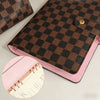 A brown checkered PU leather portfolio with a pink lining and gold hardware.