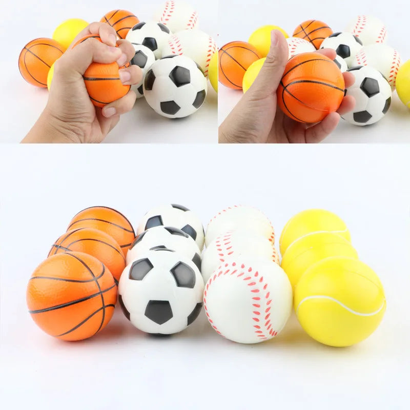 A set of three soft foam sports stress balls in orange, white, and yellow colors.