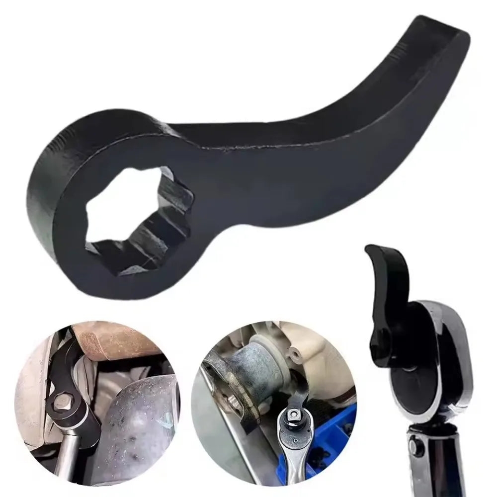 A black heavy-duty control arm pry tool kit with a 1/2 inch drive adapter shown in various angles.