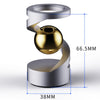 A metallic spinning top device showing a gold sphere suspended on a silver metal base.