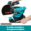Hand operating a blue and black cordless handheld spreader tool with a magnified view showing a 6-stage adjustable speed sett