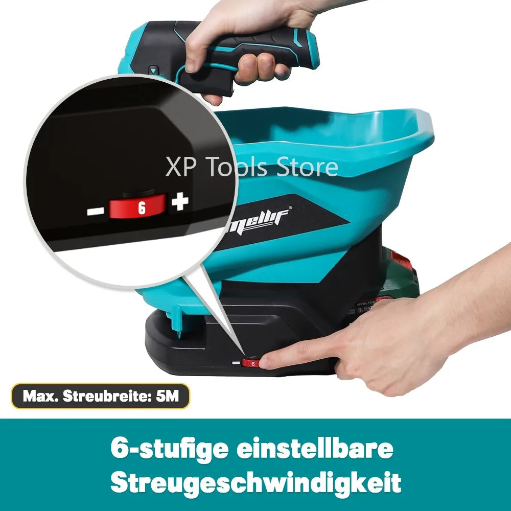 Hand operating a blue and black cordless handheld spreader tool with a magnified view showing a 6-stage adjustable speed sett