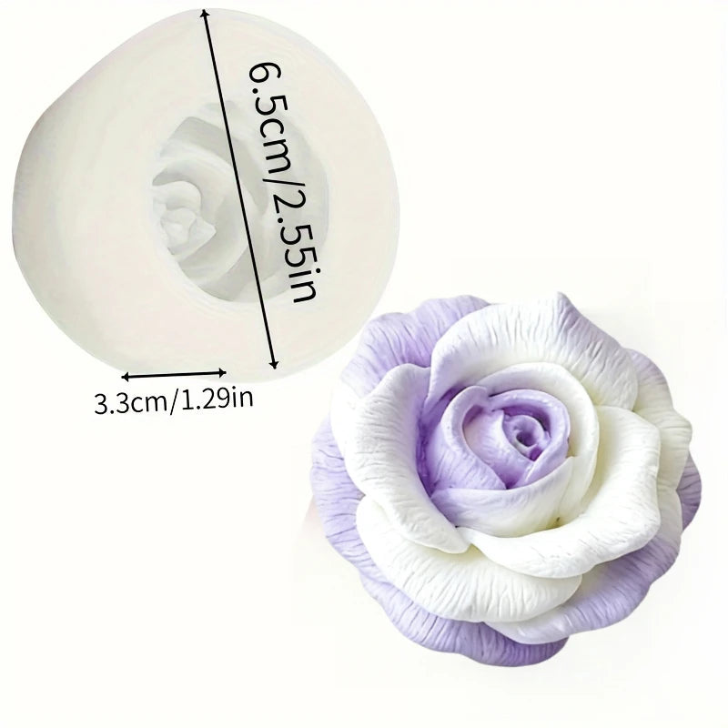 A purple and white silicone rose mold with a 6.5cm diameter, used for crafting.