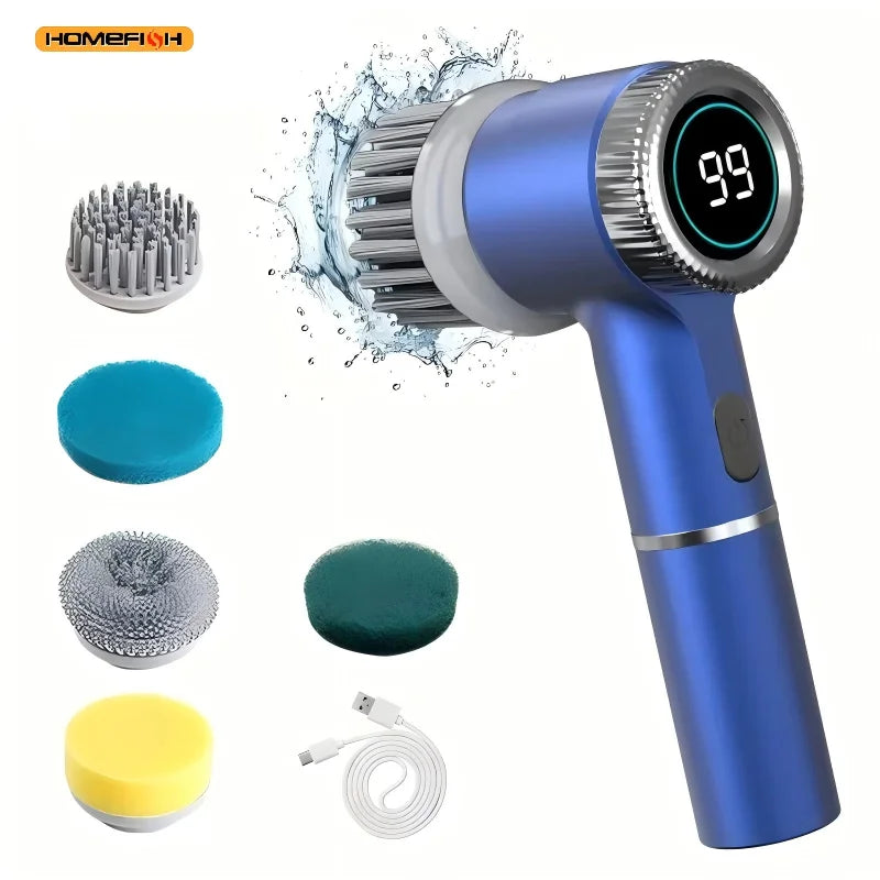 A blue cordless electric spin scrubber with a 99 rating and various brush heads shown alongside the main unit.