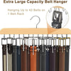 A wooden belt hanger rack displaying various colored leather belts hanging on metal hooks.