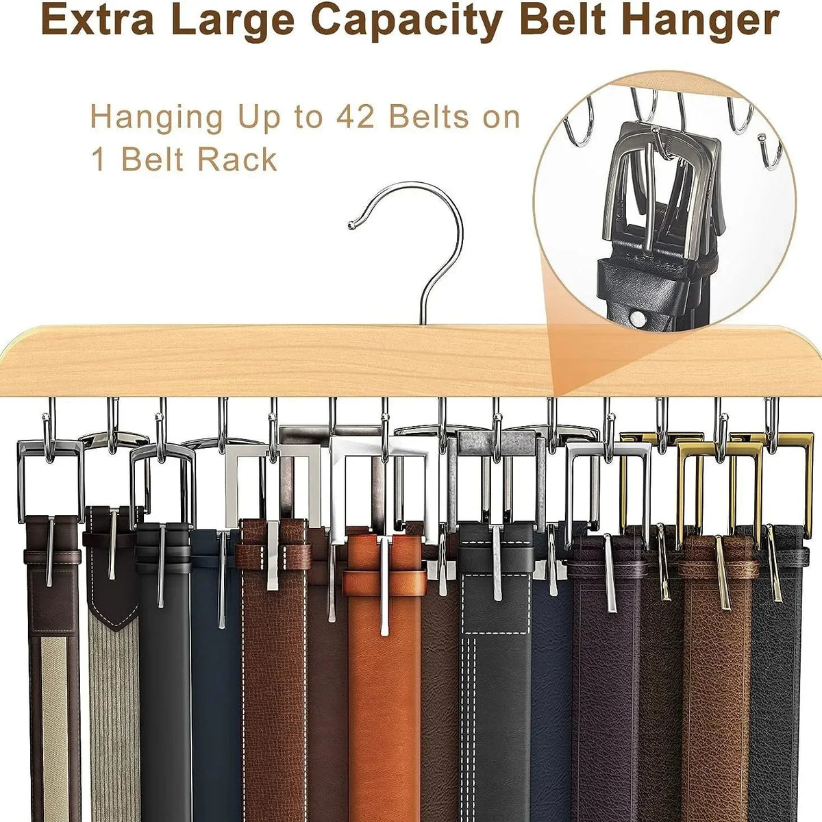 A wooden belt hanger rack displaying various colored leather belts hanging on metal hooks.