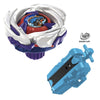A Beyblade starter set featuring a white and purple gyroscope launcher and a red, blue, and orange Beyblade top.