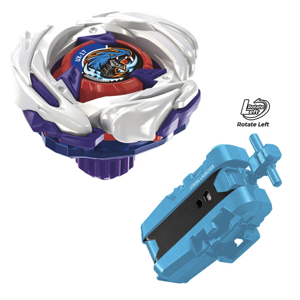 A Beyblade starter set featuring a white and purple gyroscope launcher and a red, blue, and orange Beyblade top.