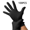A hand wearing a pair of black disposable nitrile gloves is shown against a white background.
