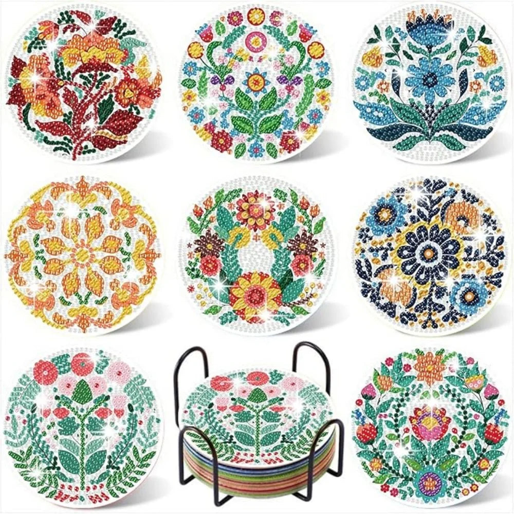 A set of colorful DIY diamond art coasters with metal stands arranged in various patterns.