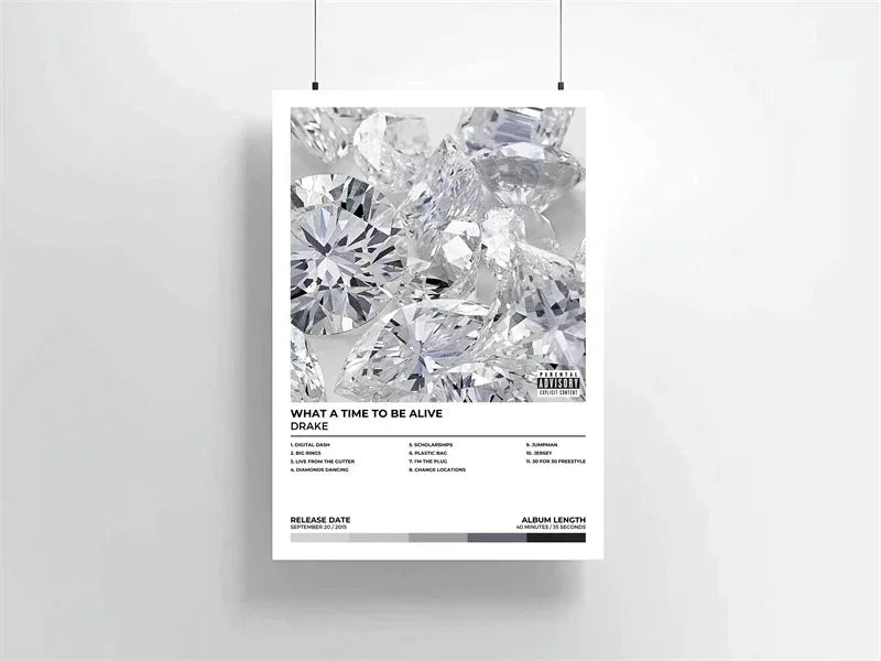 A canvas print featuring a close-up of sparkling diamonds and the text "WHAT A TIME TO BE ALIVE"