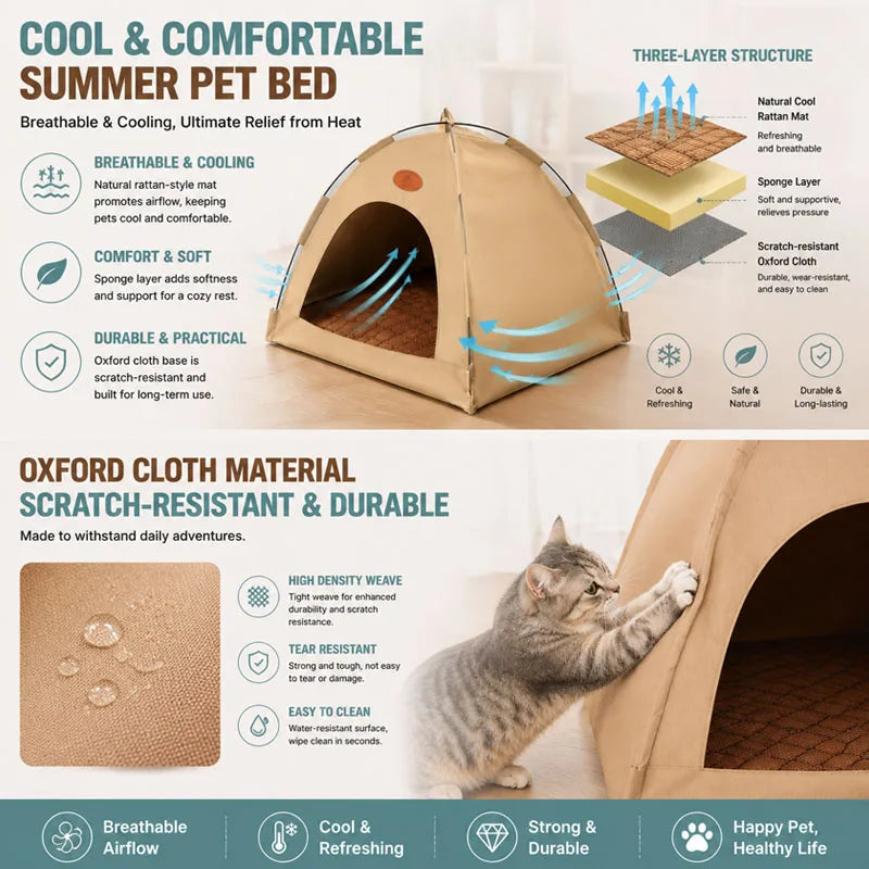 A beige fabric pet teepee tent with a honeycomb interior and natural rattan mat shown on a wooden surface.