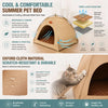 A beige fabric pet teepee tent with a honeycomb interior and natural rattan mat shown on a wooden surface.