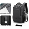 A black laptop backpack with a USB charging port and cable, shown alongside connection instructions.
