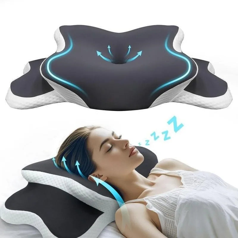A black memory foam cervical pillow with blue light features is shown next to a woman sleeping.