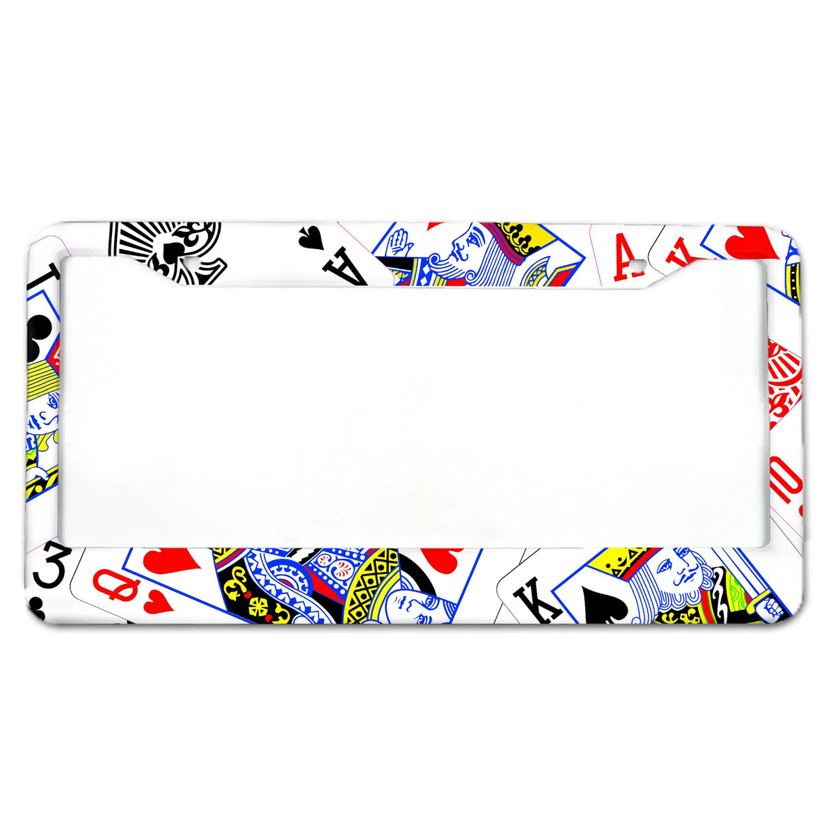 A white aluminum license plate frame decorated with various playing card symbols and patterns.