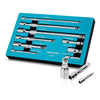 A blue storage tray holds a set of nine metric socket extension bits with various sizes and a separate adapter tool.