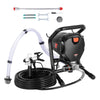 A high-efficiency airless paint sprayer is shown with various tools including a nozzle, wrenches, and fittings.