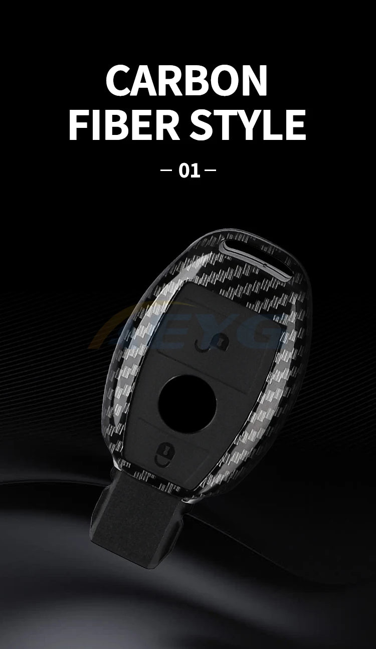 A close-up view of a black carbon fiber style car key cover.