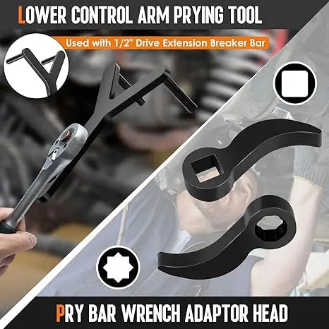 A heavy-duty control arm prying tool kit featuring a pry bar wrench adapter head shown in use.
