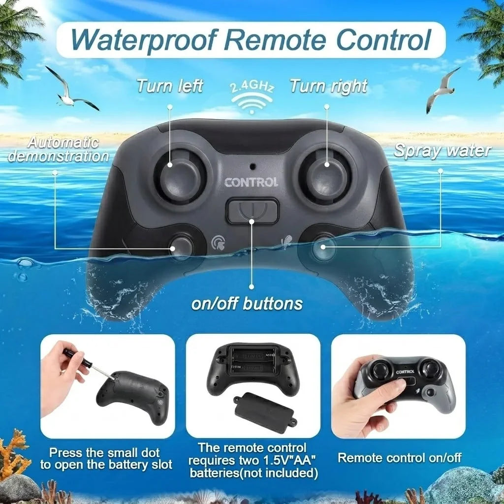 A waterproof remote control for a boat, showing the device and battery components.