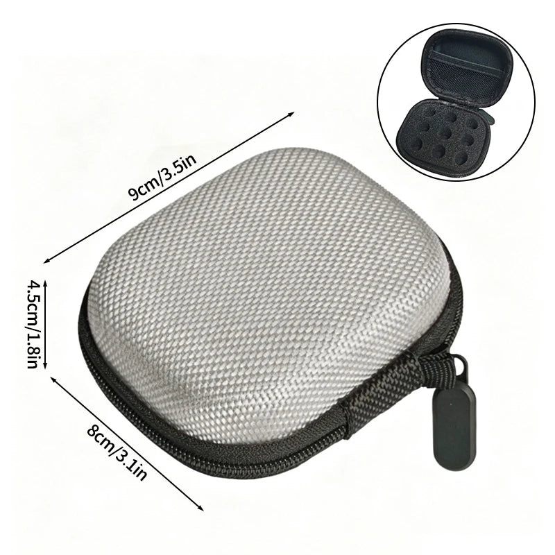 A gray portable storage case for insulin and peptide vials, shown with dimensions and an open view of the interior.