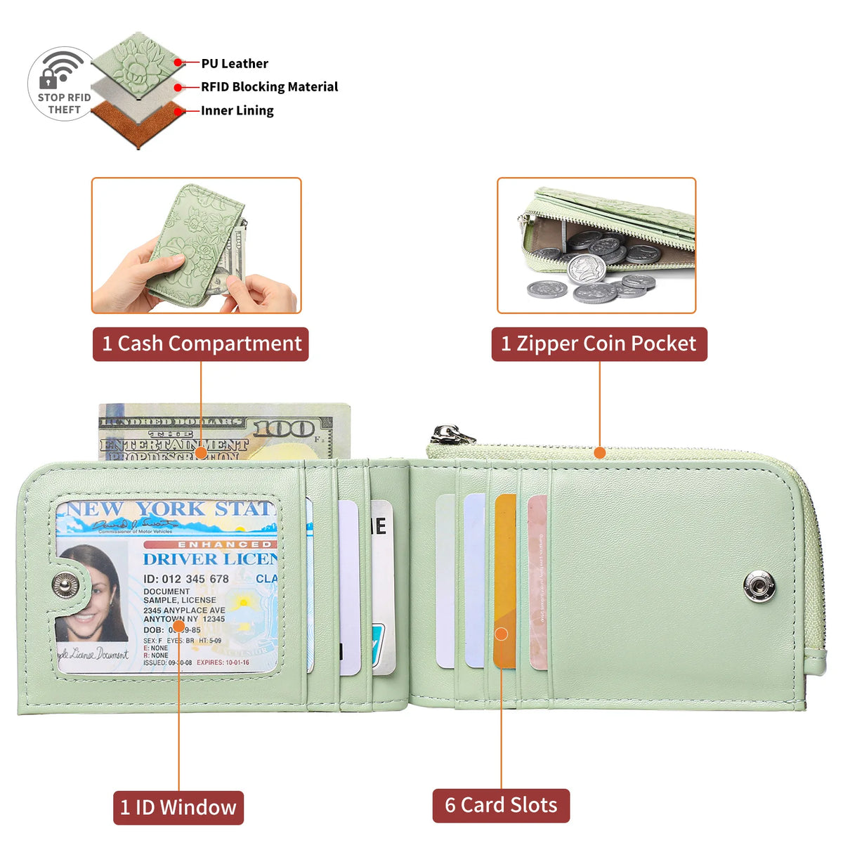 Embossed Zip Coin Purse with Key Ring and Card Slots