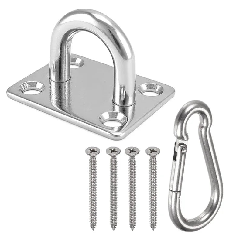 Heavy-duty stainless steel ceiling mount hanging kit with a large oval hook and four mounting plates.