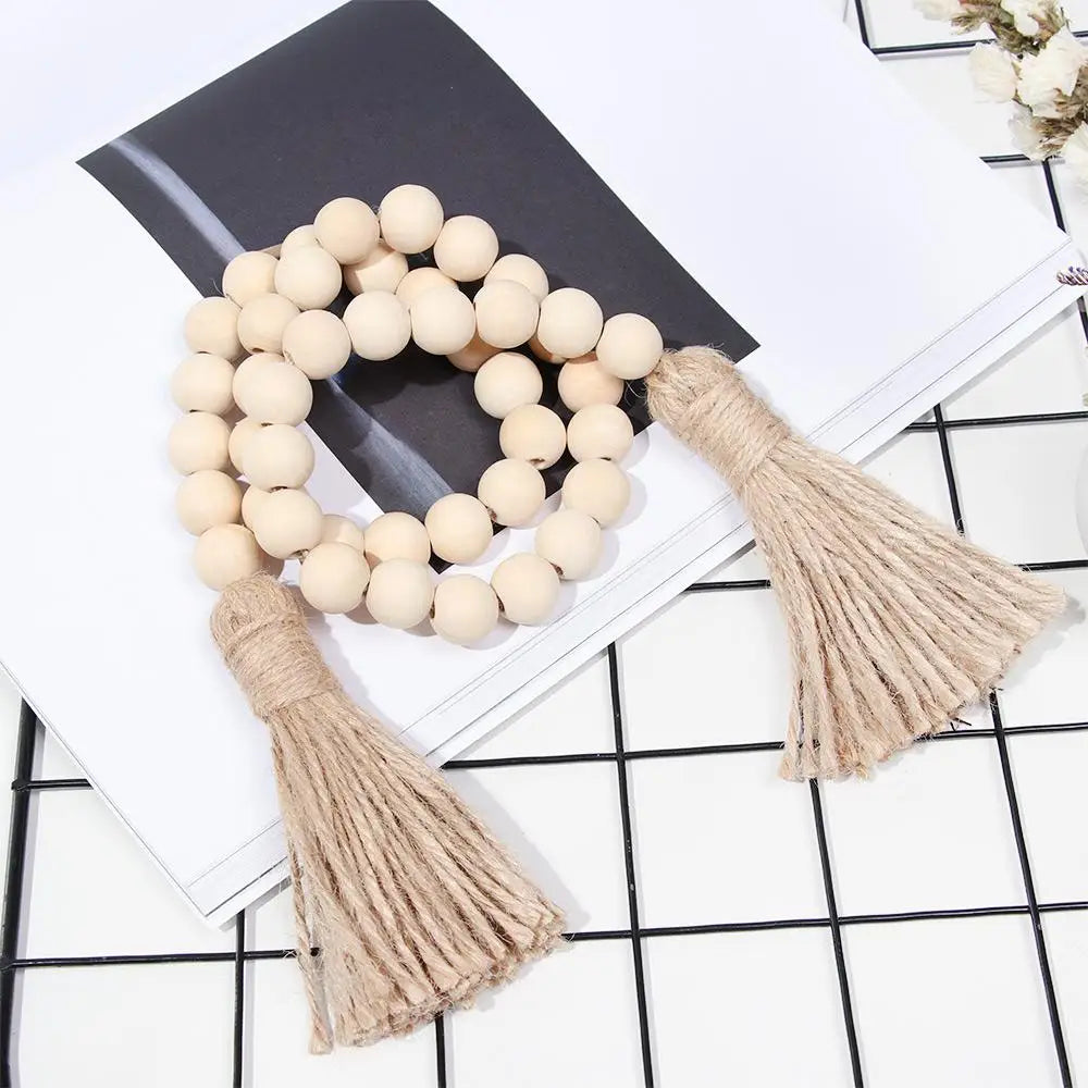 Handcrafted Natural Wood Bead Garland with Tassels for Boho & Farmhouse Decor